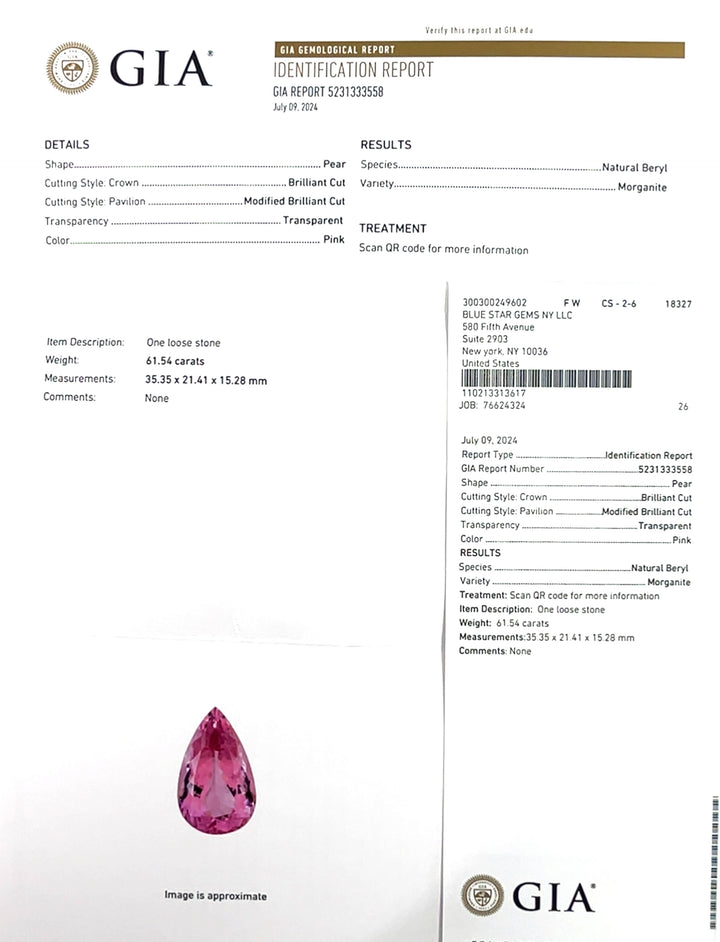 Pink Morganite, 61.54ct Pear Cut, Clean, AAAA Grade (BSGPF04)