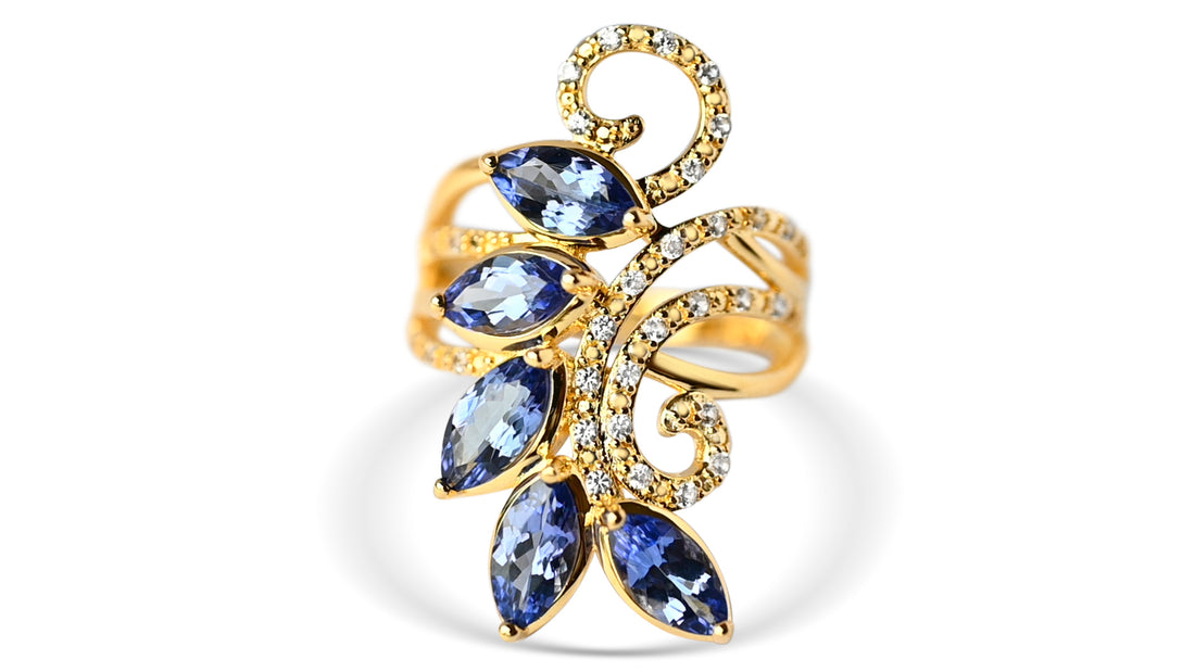 5-Stone Tanzanite Marquise Ring in 18K Gold Plated Silver – 3.05 Carats of Elegance (DK21168R)
