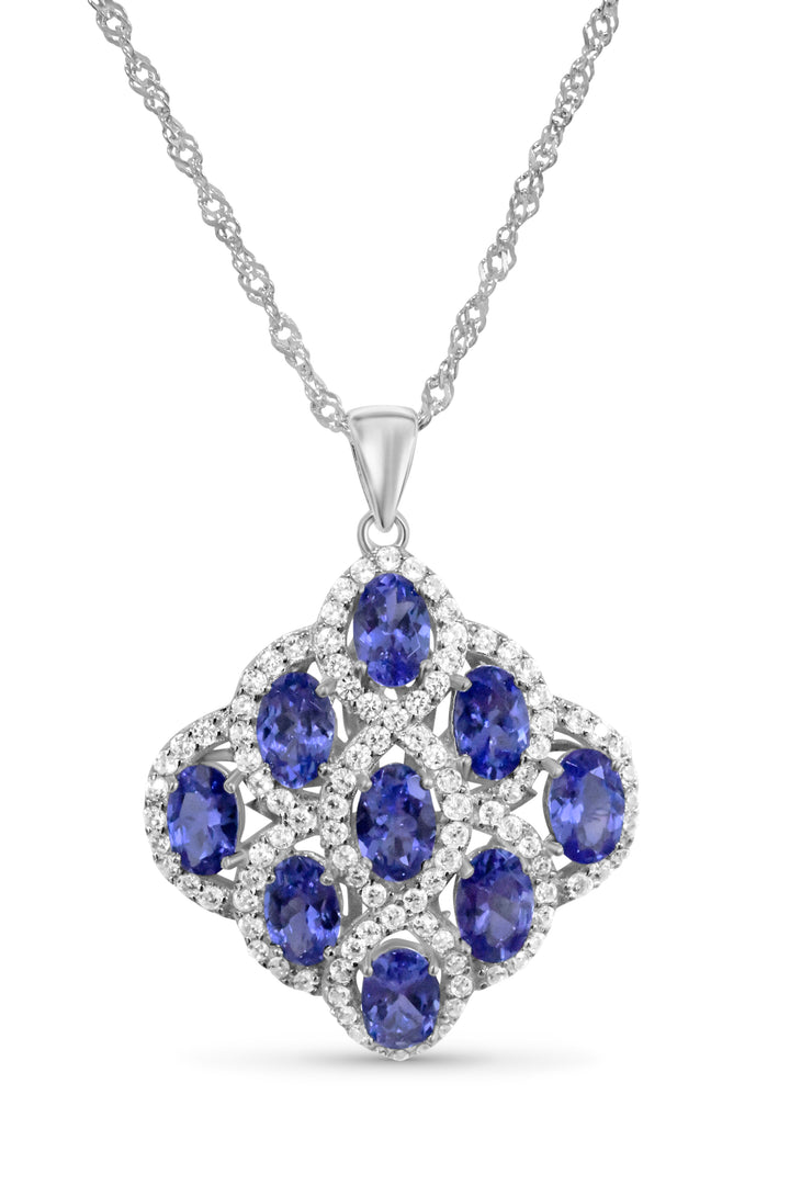 6x4 mm Oval Tanzanite Cluster Pendant (9 Stones) in Rhodium-Plated Sterling Silver (PJC3117P)