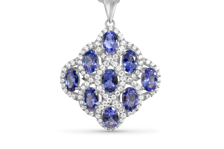 6x4 mm Oval Tanzanite Cluster Pendant (9 Stones) in Rhodium-Plated Sterling Silver (PJC3117P) - 6x4 mm Oval Tanzanite Cluster Pendant (9 Stones) in Rhodium-Plated Sterling Silver (PJC3117P)
