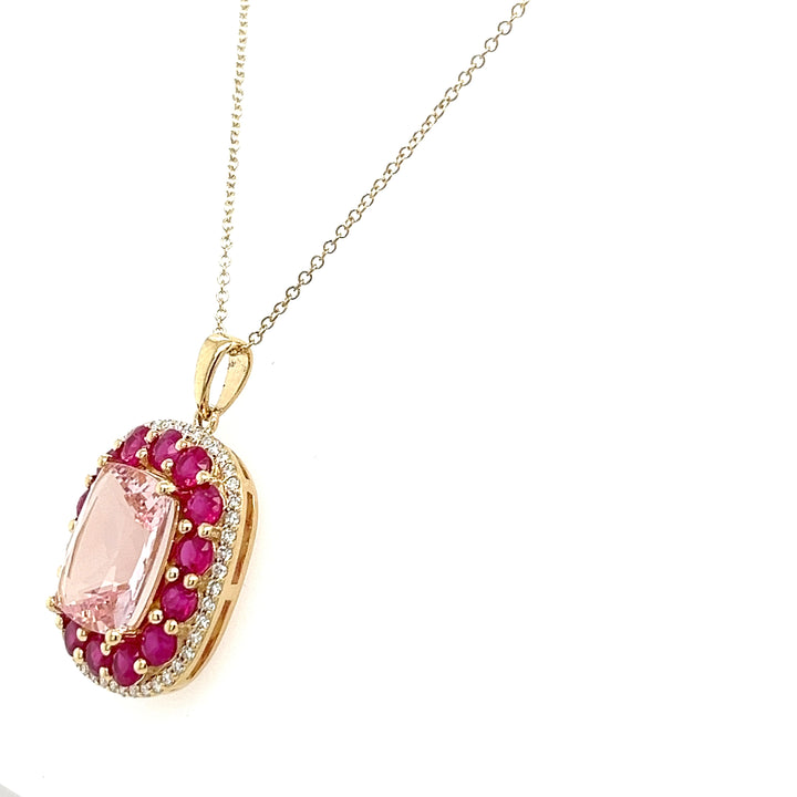 14K Yellow Gold Necklace with Cushion-Cut Aqua Stone – 3.2 Carats with Pink Morganite Plating (PJC34163P)