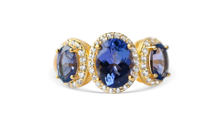 1.24ct Tanzanite Oval Ring (3 Stone), 18K Yellow Gold Plated 925 Silver (PJC9012R) - 1.24ct Tanzanite Oval Ring (3 Stone), 18K Yellow Gold Plated 925 Silver (PJC9012R)