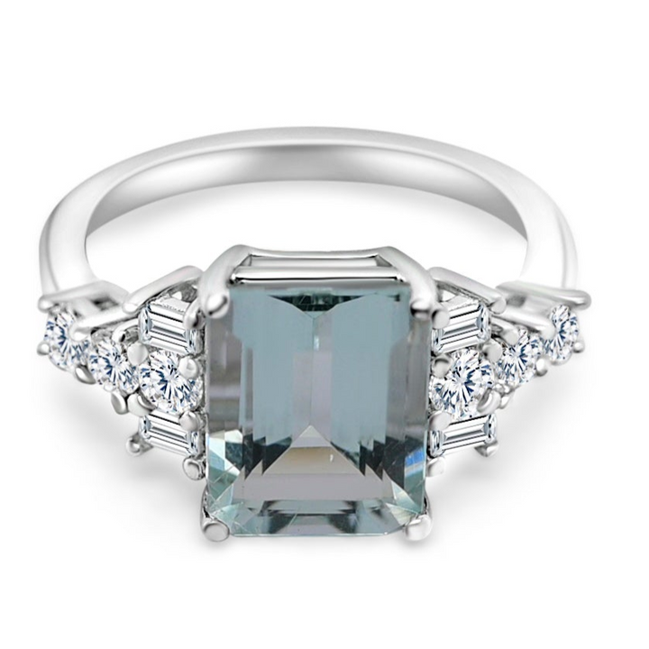 Emerald cut aquamarine engagement ring in sterling silver with sparkling side stones - Emerald Cut Aquamarine Side Stone Engagement Ring in Sterling Silver