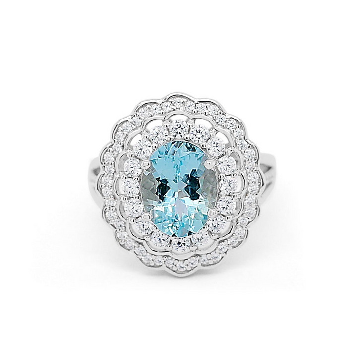 Oval Aquamarine Cluster Double Halo Cocktail Silver Ring For Womens with sparkling gemstones and elegant design - Oval Aquamarine Cluster Double Halo Cocktail Silver Ring For Womens