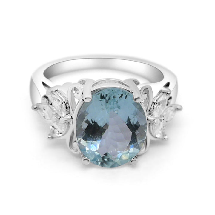 Elegant rhodium plated aquamarine ring for women with marquise white CZ accents in sterling silver - Oval Aquamarine and Marquise White CZ Rhodium Plated 925 Sterling Silver 4.10 Cts / 2.76 Gm Ring For Women's PJC28809R