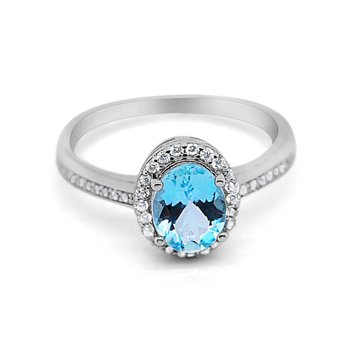 Women's aquamarine and CZ ring in rhodium plated 925 sterling silver with sparkling white accents - Oval Aquamarine and White CZ Rhodium Plated 925 Sterling Silver 1.80 Cts / 2.16 Gm Ring For Women's PJC2597R
