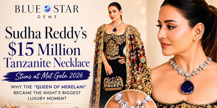Sudha Reddy wearing the iconic $15 million “Queen of Merelani” tanzanite necklace at Met Gala 2026, featured in a luxury editorial design by Blue Star Gems showcasing rare blue-violet tanzanite gemstones and couture fashion.