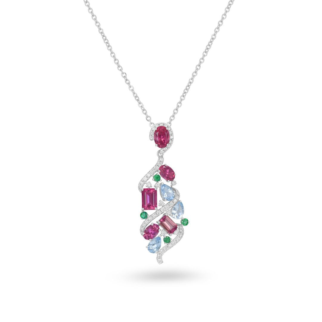 Natural Aquamarine, Pink Tourmaline & Emerald Freeform Diamond Pendant in 14K White Gold