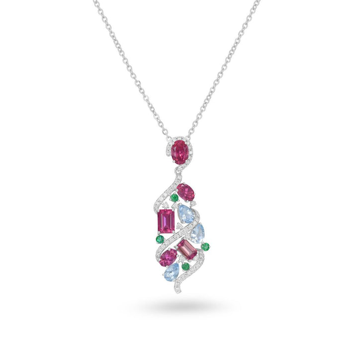 Natural Aquamarine, Pink Tourmaline & Emerald Freeform Diamond Pendant in 14K White Gold - Natural Aquamarine, Pink Tourmaline & Emerald Freeform Diamond Pendant in 14K White Gold