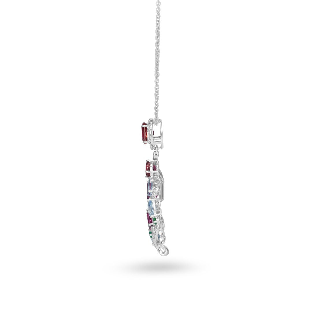 Natural Aquamarine, Pink Tourmaline & Emerald Freeform Diamond Pendant in 14K White Gold