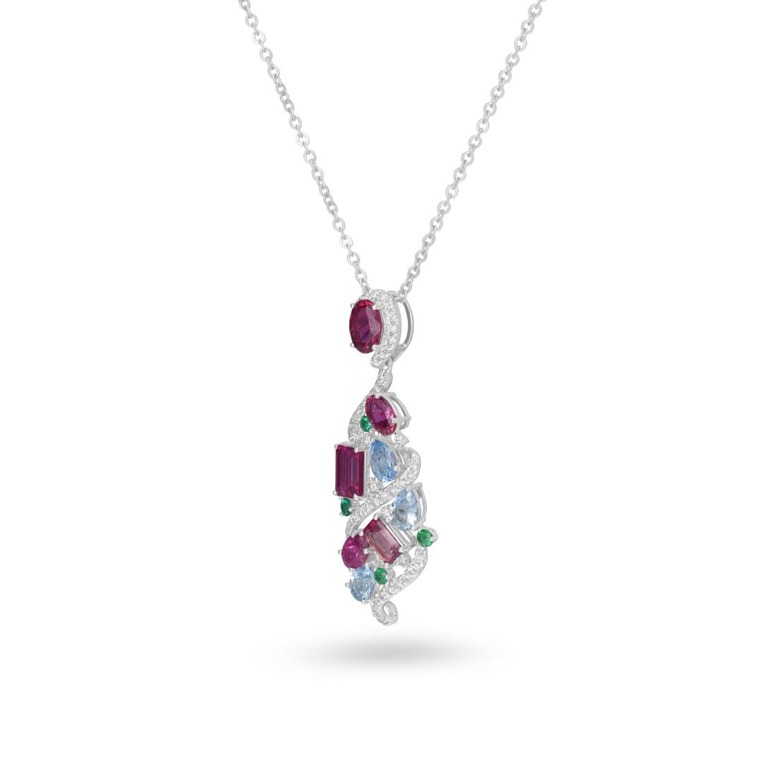 Natural Aquamarine, Pink Tourmaline & Emerald Freeform Diamond Pendant in 14K White Gold