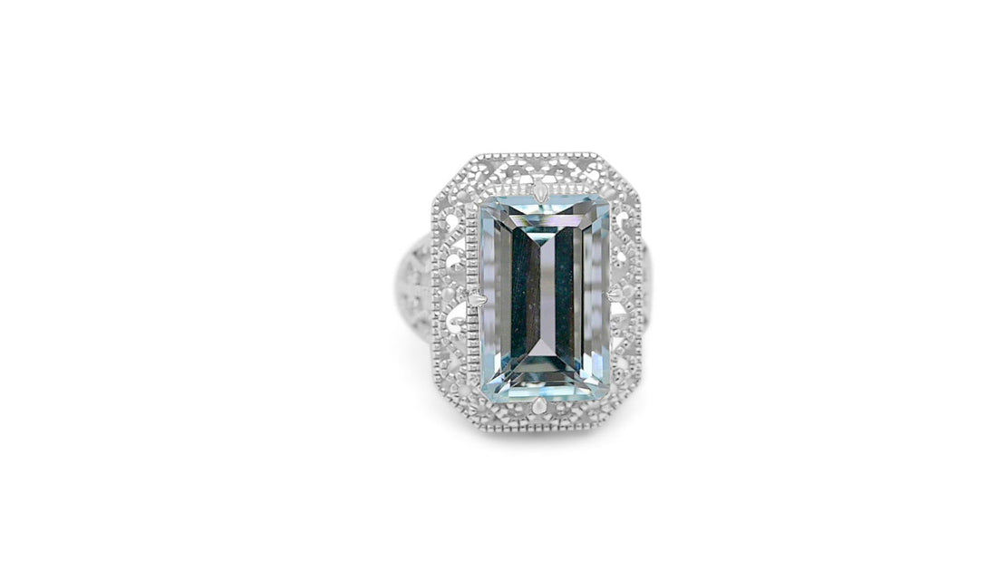 Art Deco Light Blue Aquamarine Solitaire Ring in Sterling Silver - Bluestargemstones - - 