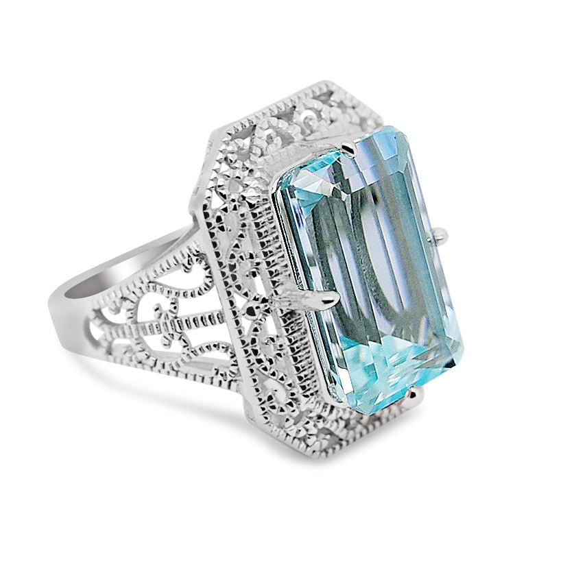 Art Deco Light Blue Aquamarine Solitaire Ring in Sterling Silver - Bluestargemstones - - 