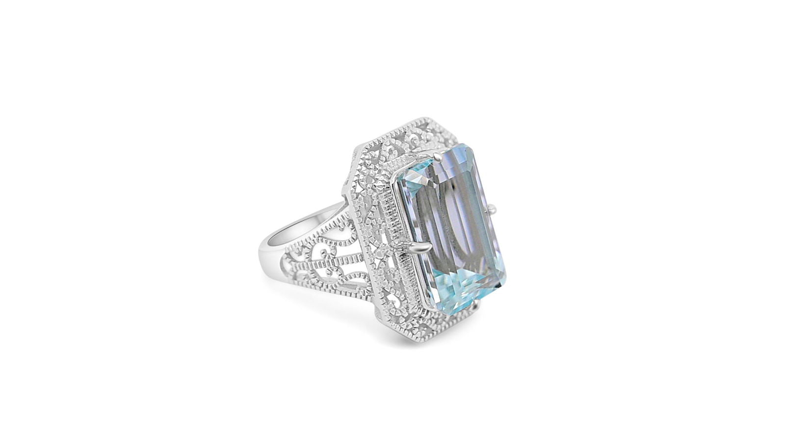 Art Deco Light Blue Aquamarine Solitaire Ring in Sterling Silver - Bluestargemstones - - 