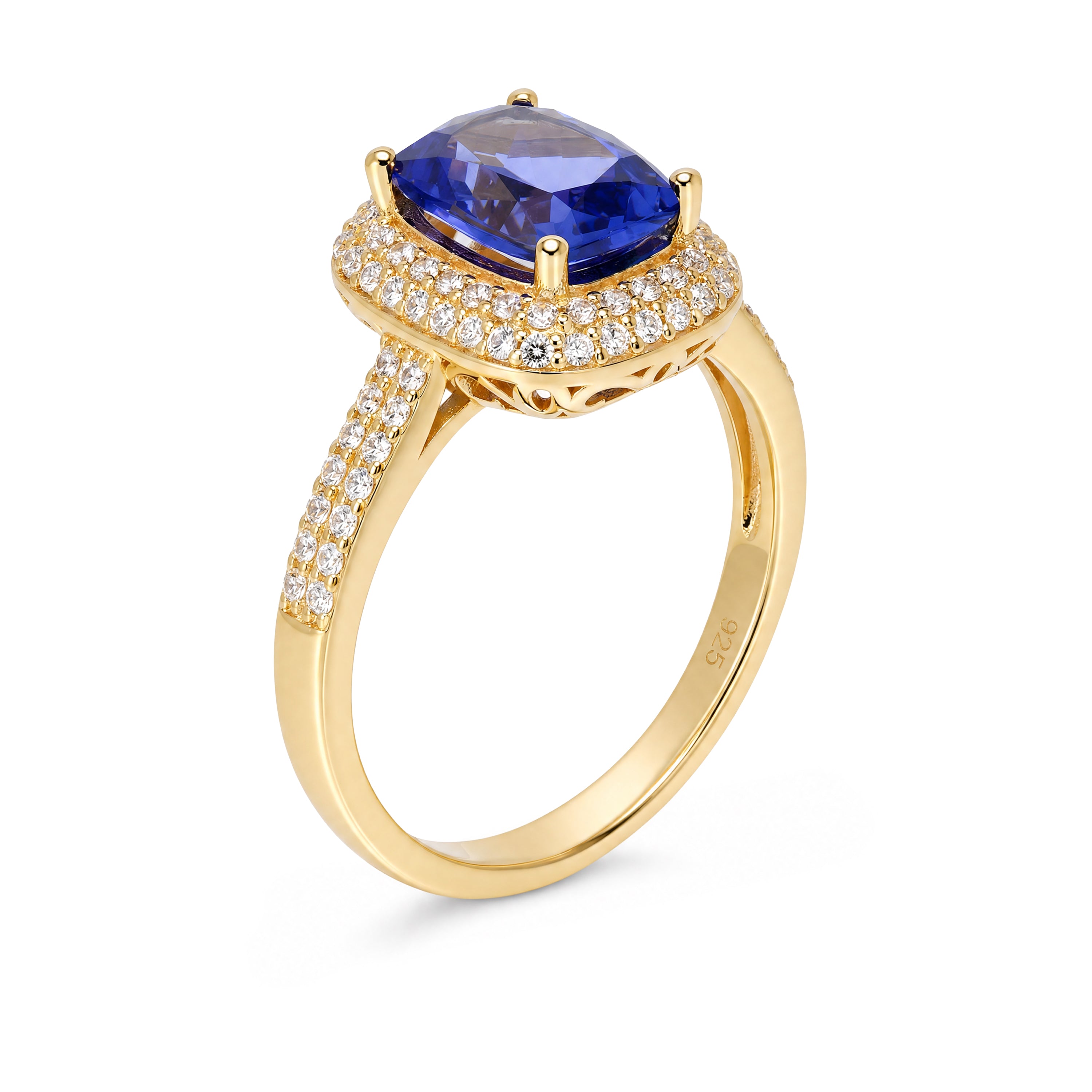Natural Tanzanite Ring with Zircon Accents in 18K Gold Plated Silver
