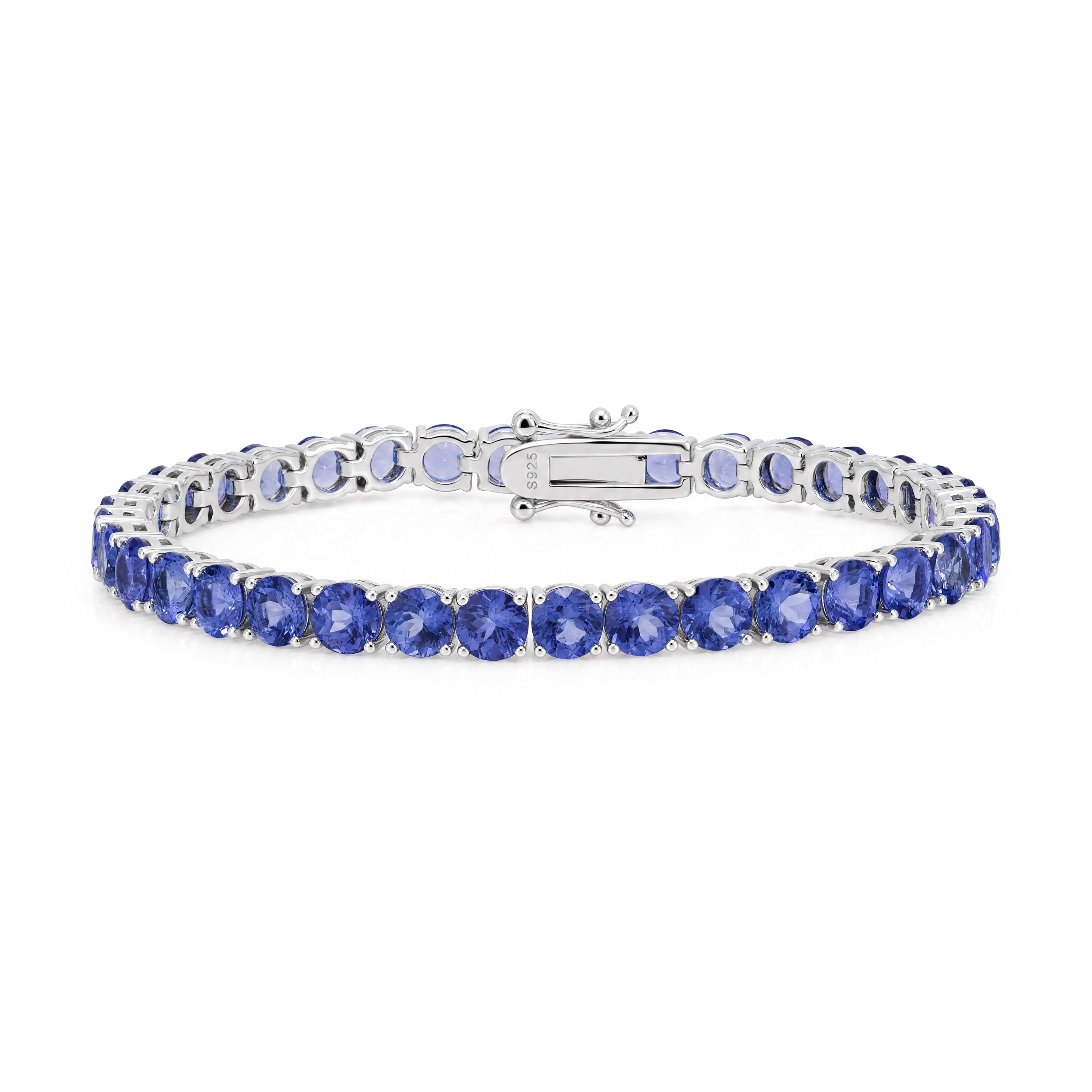 Natural Tanzanite & White Zircon Bolo Tennis Bracelet in Rhodium Plated 925 Sterling Silver