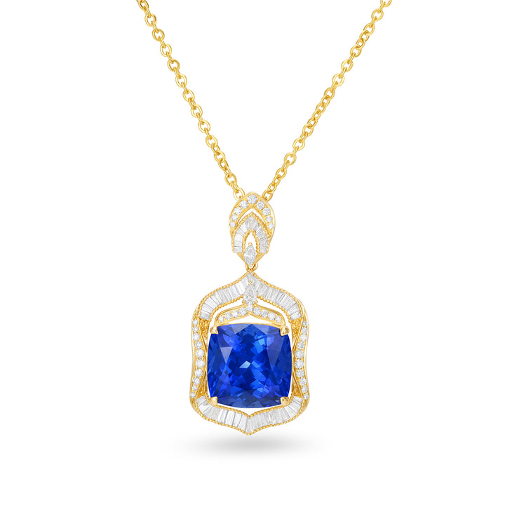 Natural Cushion Cut Tanzanite Diamond Statement Pendant Necklace in 14K Yellow Gold - Natural Cushion Cut Tanzanite Diamond Statement Pendant Necklace in 14K Yellow Gold