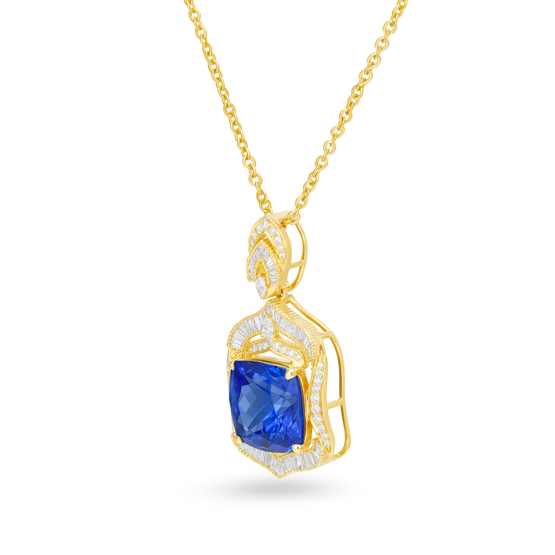 Natural Cushion Cut Tanzanite Diamond Statement Pendant Necklace in 14K Yellow Gold