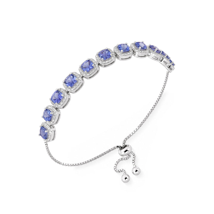 Natural Tanzanite & White Zircon Bolo Tennis Bracelet in Rhodium Plated 925 Sterling Silver