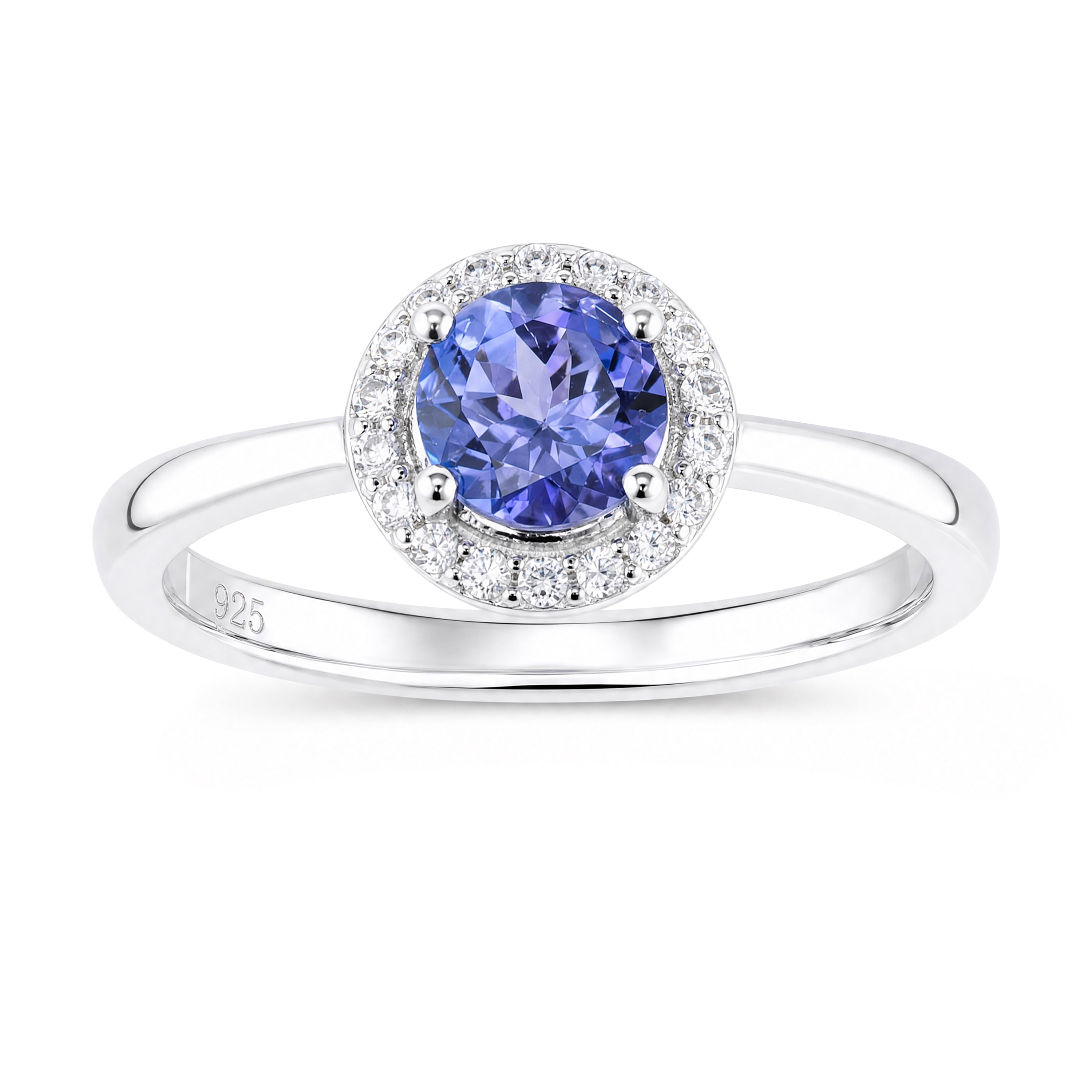 Timeless Natural Tanzanite Halo Ring in Rhodium Plated 925 Sterling Silver