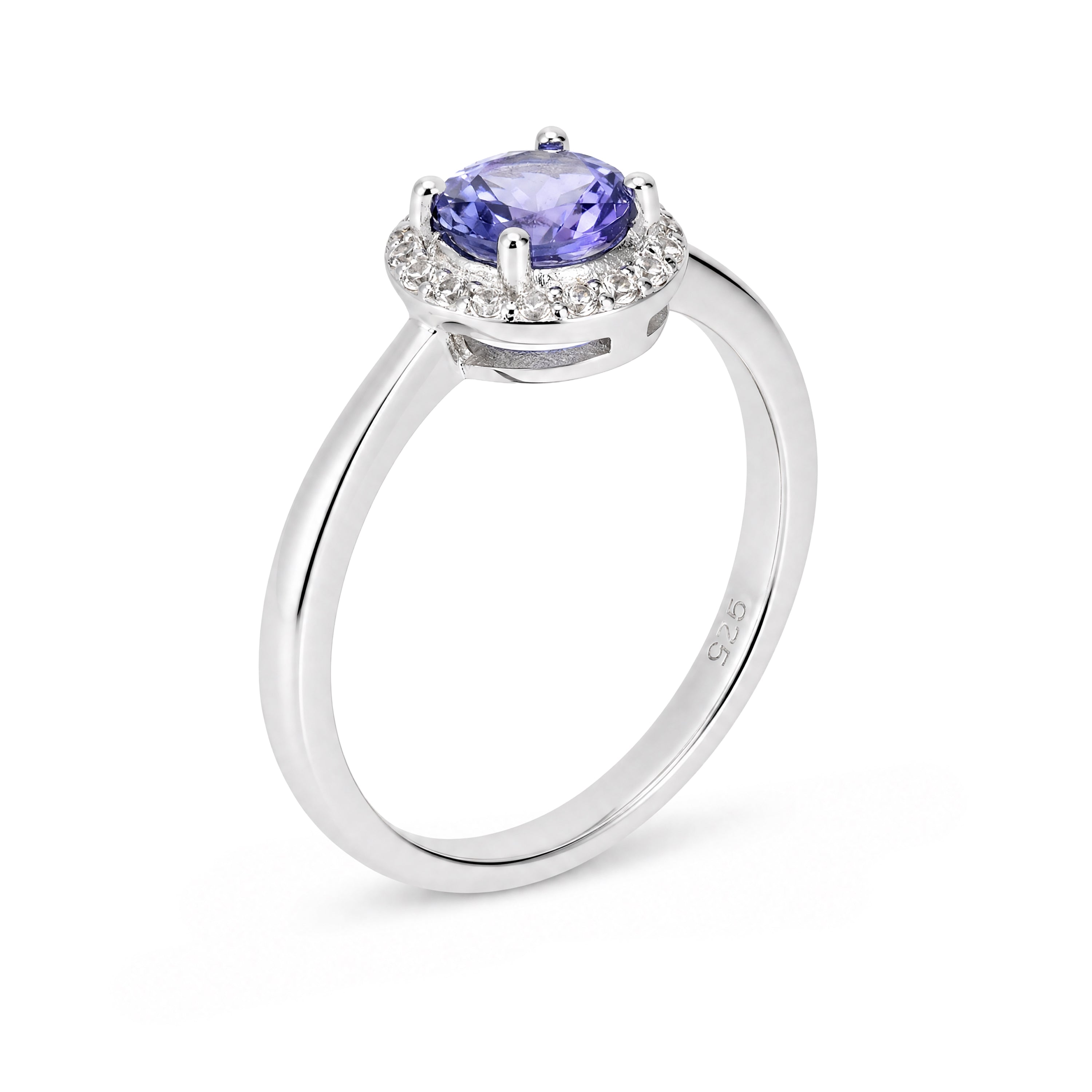 Timeless Natural Tanzanite Halo Ring in Rhodium Plated 925 Sterling Silver