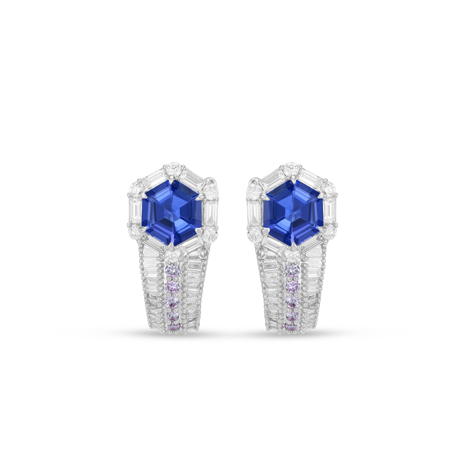 Natural Hexagon Cut Tanzanite & Diamond Geometric Halo Earrings in 14K White Gold