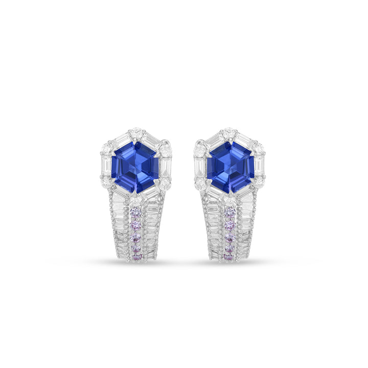 Natural Hexagon Cut Tanzanite & Diamond Geometric Halo Earrings in 14K White Gold - Natural Hexagon Cut Tanzanite & Diamond Geometric Halo Earrings in 14K White Gold