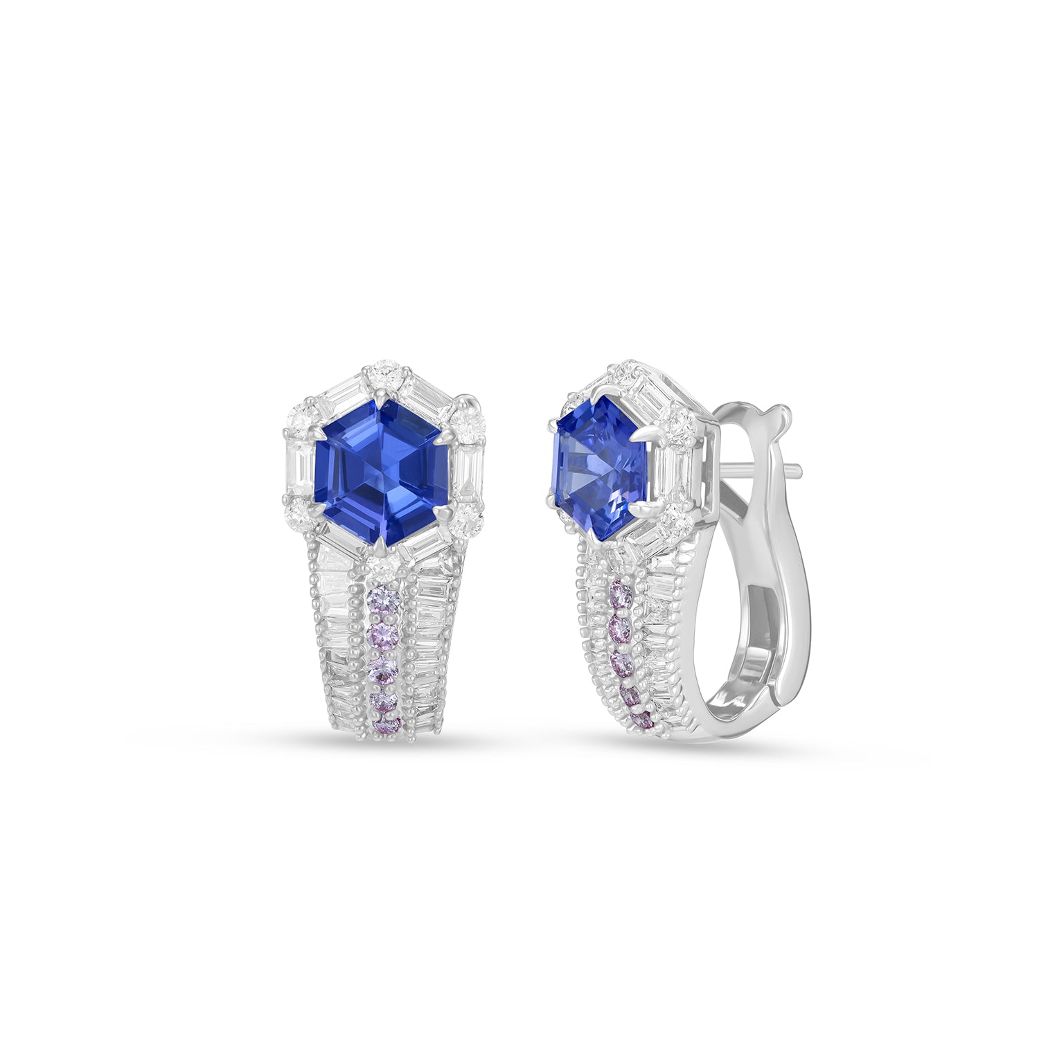 Natural Hexagon Cut Tanzanite & Diamond Geometric Halo Earrings in 14K White Gold