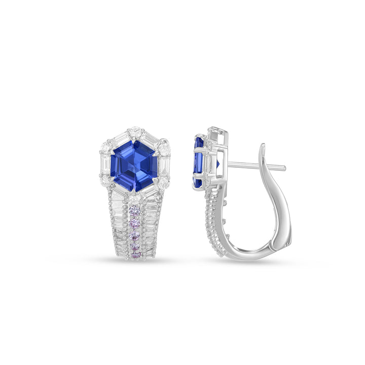 Natural Hexagon Cut Tanzanite & Diamond Geometric Halo Earrings in 14K White Gold