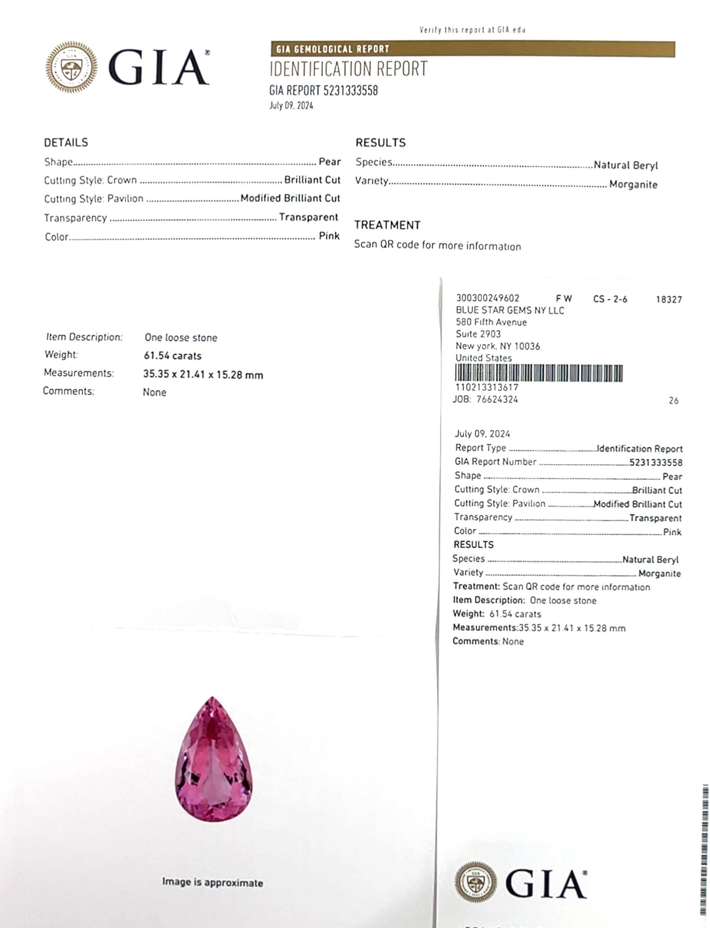 Pink Morganite, 61.54ct Pear Cut, Clean, AAAA Grade (BSGPF04)
