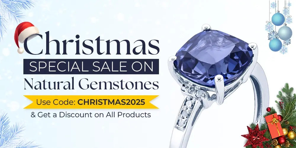 Advertisement for a Christmas special sale 2025 on natural gemstones with a blue gemstone ring and festive decorations.
