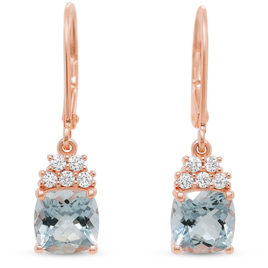 Cushion Shape Aquamarine and White Round CZ / 18K ROSE GOLD PLATED / 925 Sterling Silver 8.3 Cts / 2.0 Gm Bridesmaid Earring PJC31572E - Bluestargemstones - - 
