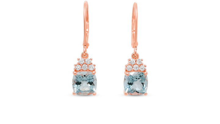 Cushion Shape Aquamarine and White Round CZ / 18K ROSE GOLD PLATED / 925 Sterling Silver 8.3 Cts / 2.0 Gm Bridesmaid Earring PJC31572E - Bluestargemstones - - 