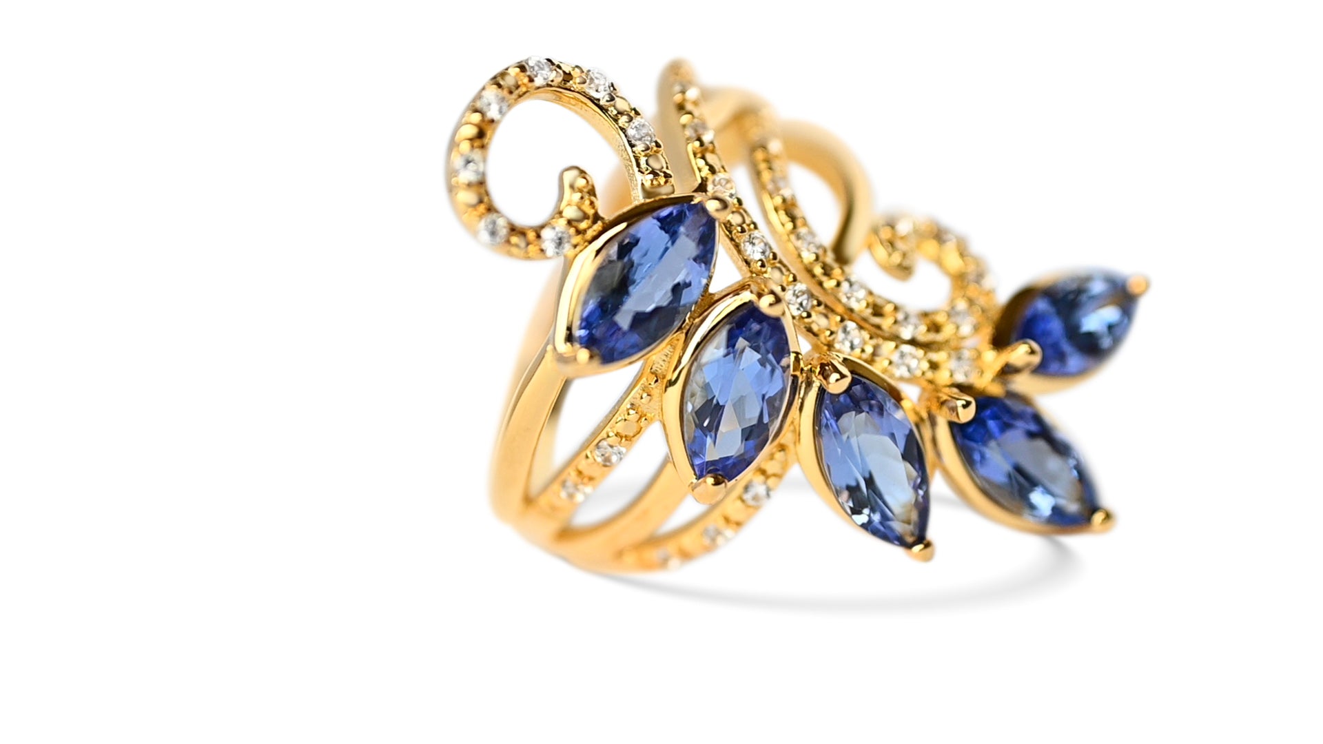 5-Stone Tanzanite Marquise Ring in 18K Gold Plated Silver – 3.05 Carats of Elegance (DK21168R)