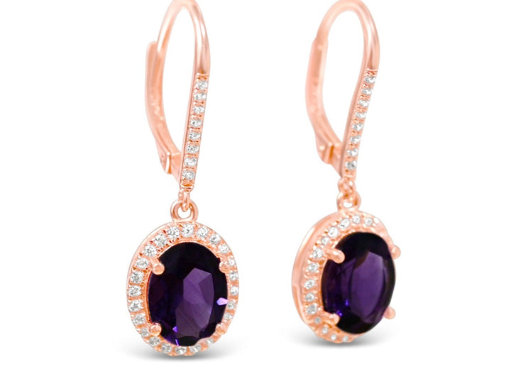 Oval Amethyst Leverback Dangle Halo Earrings 18K Rose Gold Overly