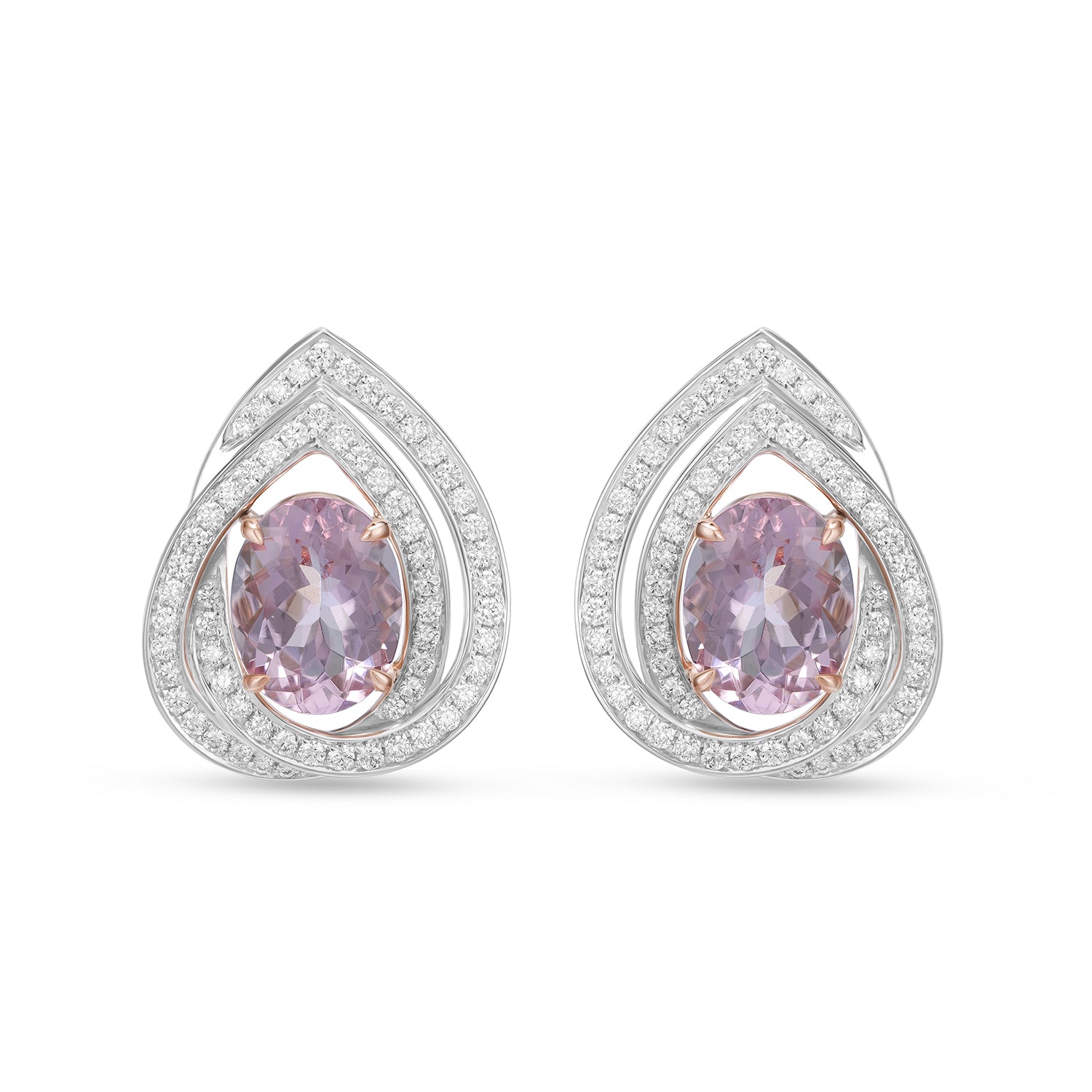 Luxury Pink Morganite Double Halo Diamond Earrings in 14K White Gold
