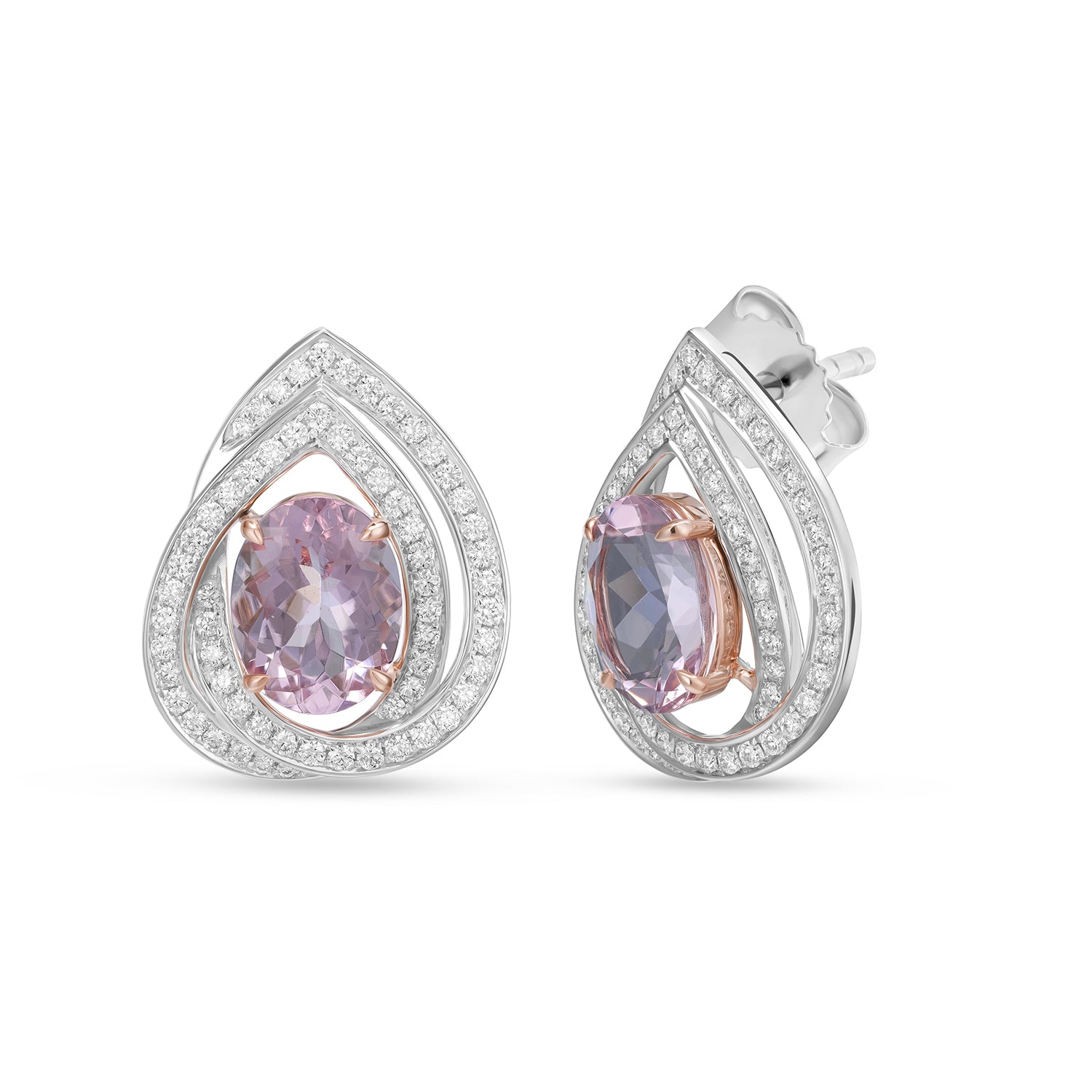 Luxury Pink Morganite Double Halo Diamond Earrings in 14K White Gold