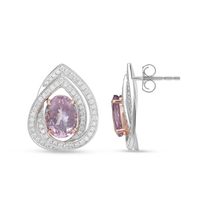 Luxury Pink Morganite Double Halo Diamond Earrings in 14K White Gold