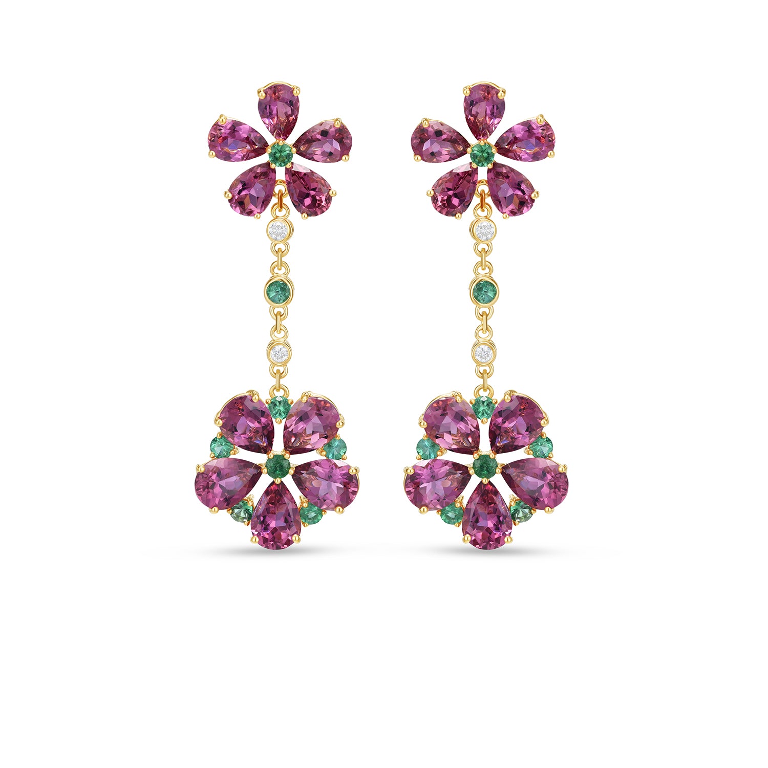 14K Yellow Gold Pear Cut Tourmaline & Emerald Double Floral Drop Earrings with Diamond Accents