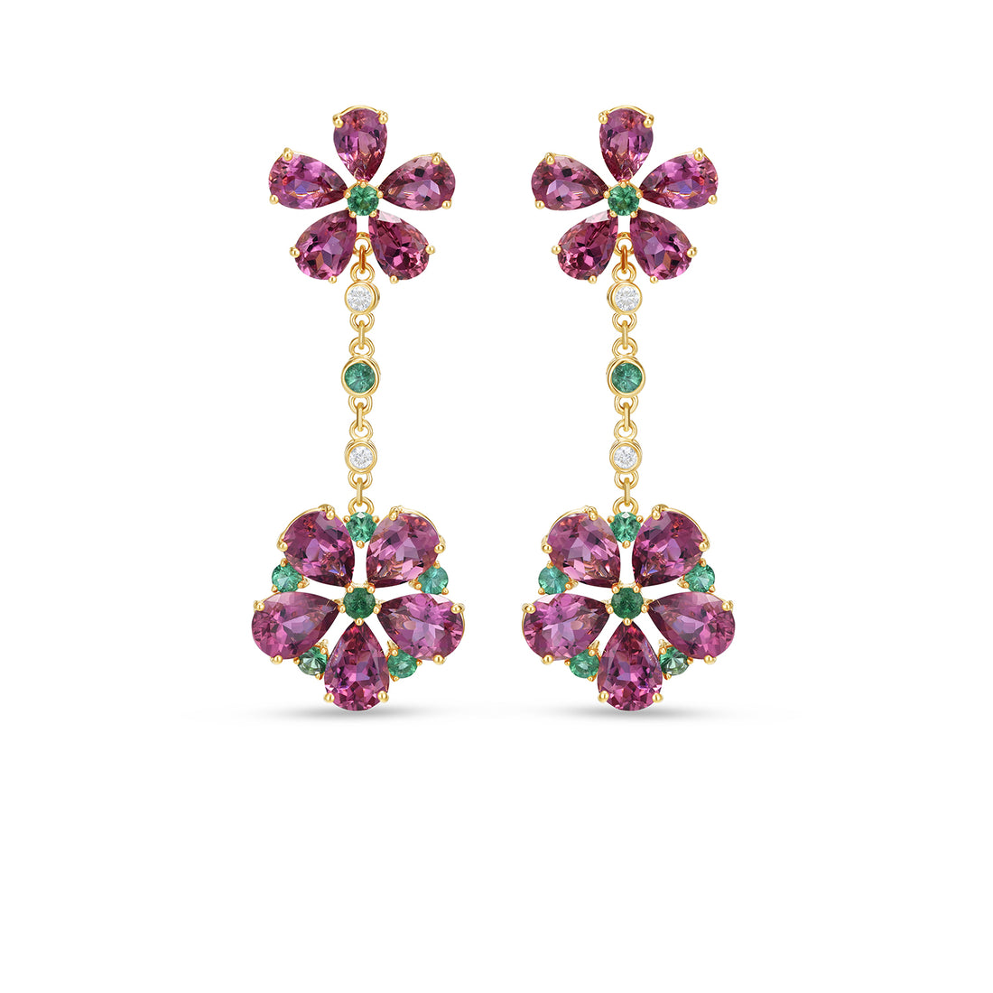 14K Yellow Gold Pear Cut Tourmaline & Emerald Double Floral Drop Earrings with Diamond Accents
