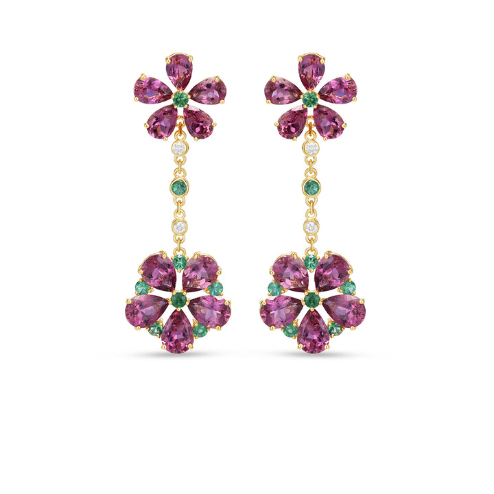 14K Yellow Gold Pear Cut Tourmaline & Emerald Double Floral Drop Earrings with Diamond Accents - 14K Yellow Gold Pear Cut Tourmaline & Emerald Double Floral Drop Earrings with Diamond Accents