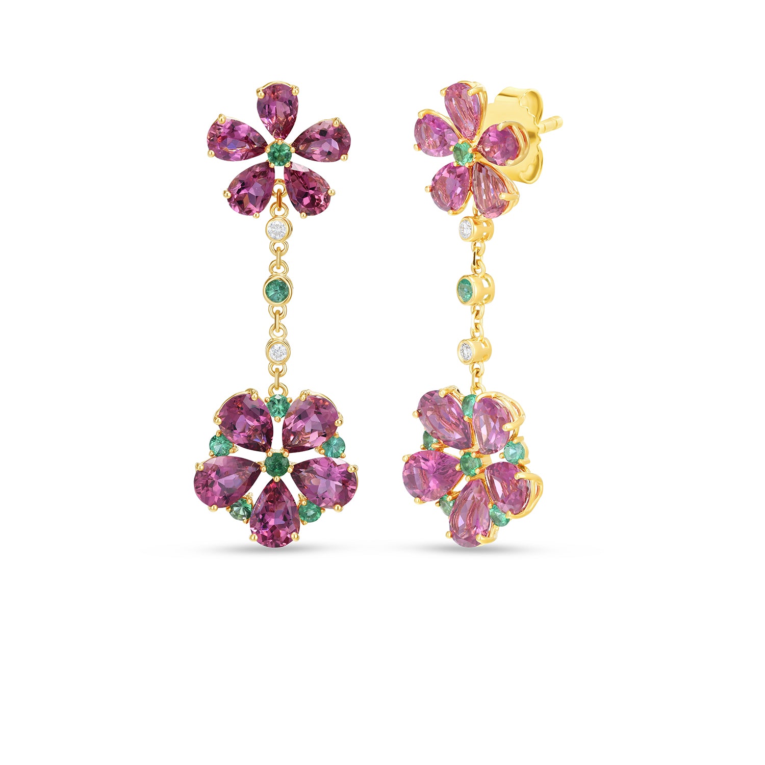 14K Yellow Gold Pear Cut Tourmaline & Emerald Double Floral Drop Earrings with Diamond Accents
