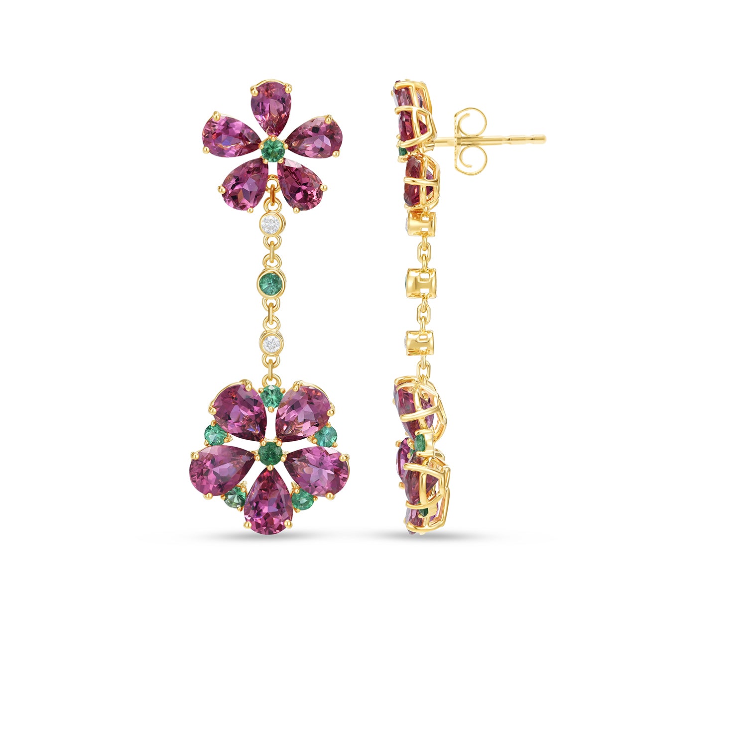 14K Yellow Gold Pear Cut Tourmaline & Emerald Double Floral Drop Earrings with Diamond Accents