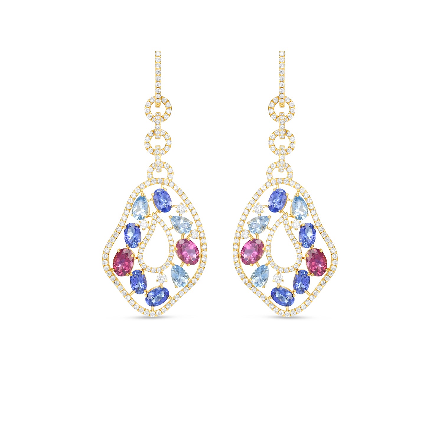 Multi Gemstone Diamond Drop Earrings in 14K Yellow Gold | Blue & Pink Gemstone Earrings