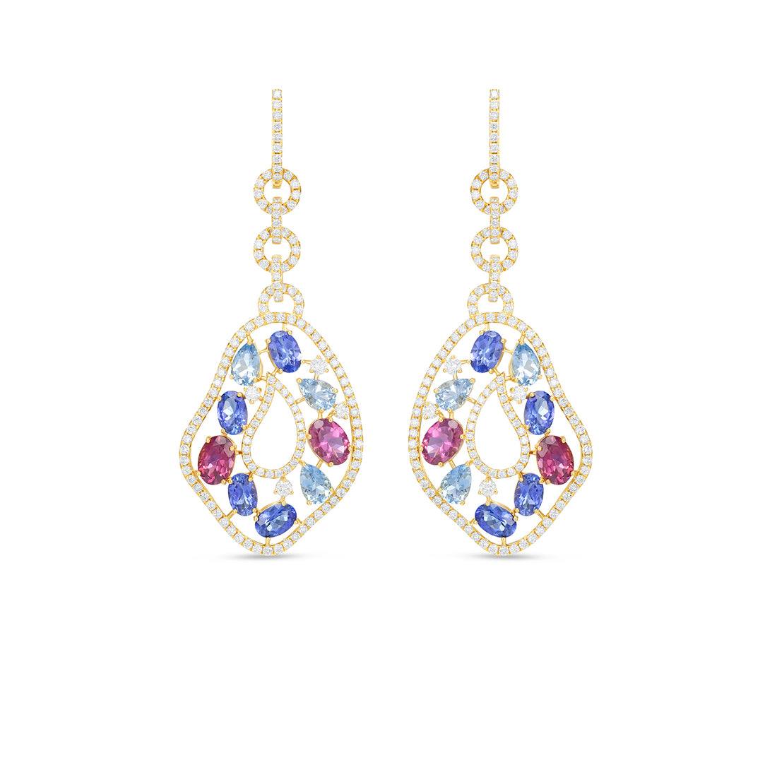 Multi Gemstone Diamond Drop Earrings in 14K Yellow Gold | Blue & Pink Gemstone Earrings