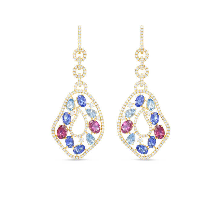 Multi Gemstone Diamond Drop Earrings in 14K Yellow Gold | Blue & Pink Gemstone Earrings - Multi Gemstone Diamond Drop Earrings in 14K Yellow Gold | Blue & Pink Gemstone Earrings