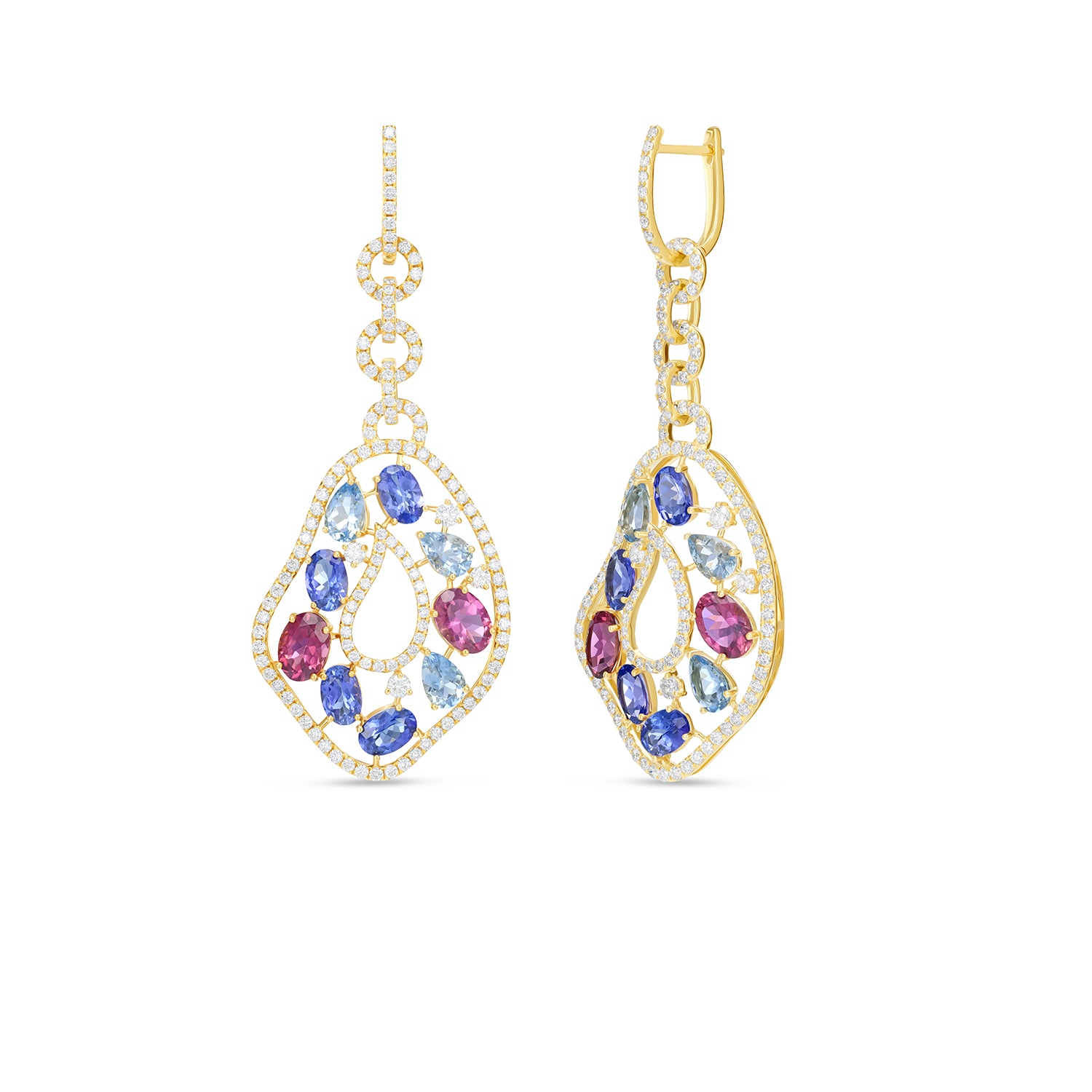 Multi Gemstone Diamond Drop Earrings in 14K Yellow Gold | Blue & Pink Gemstone Earrings