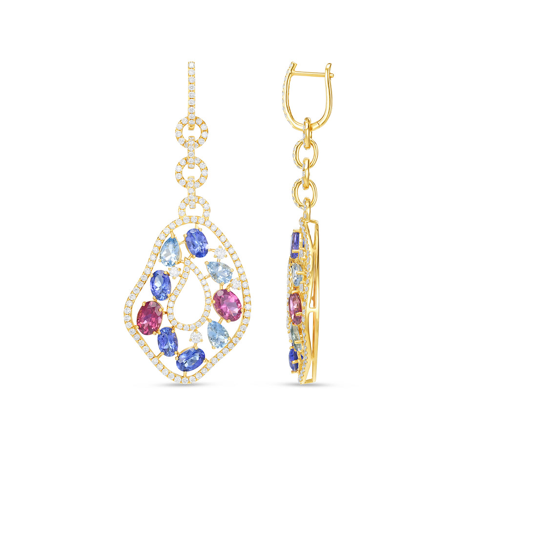 Multi Gemstone Diamond Drop Earrings in 14K Yellow Gold | Blue & Pink Gemstone Earrings