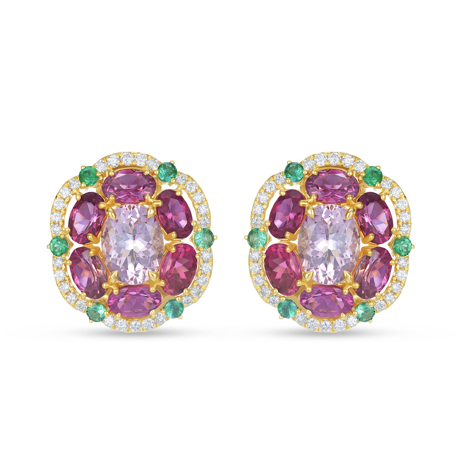 Floral Cluster Morganite Tourmaline & Emerald Diamond Stud Earrings