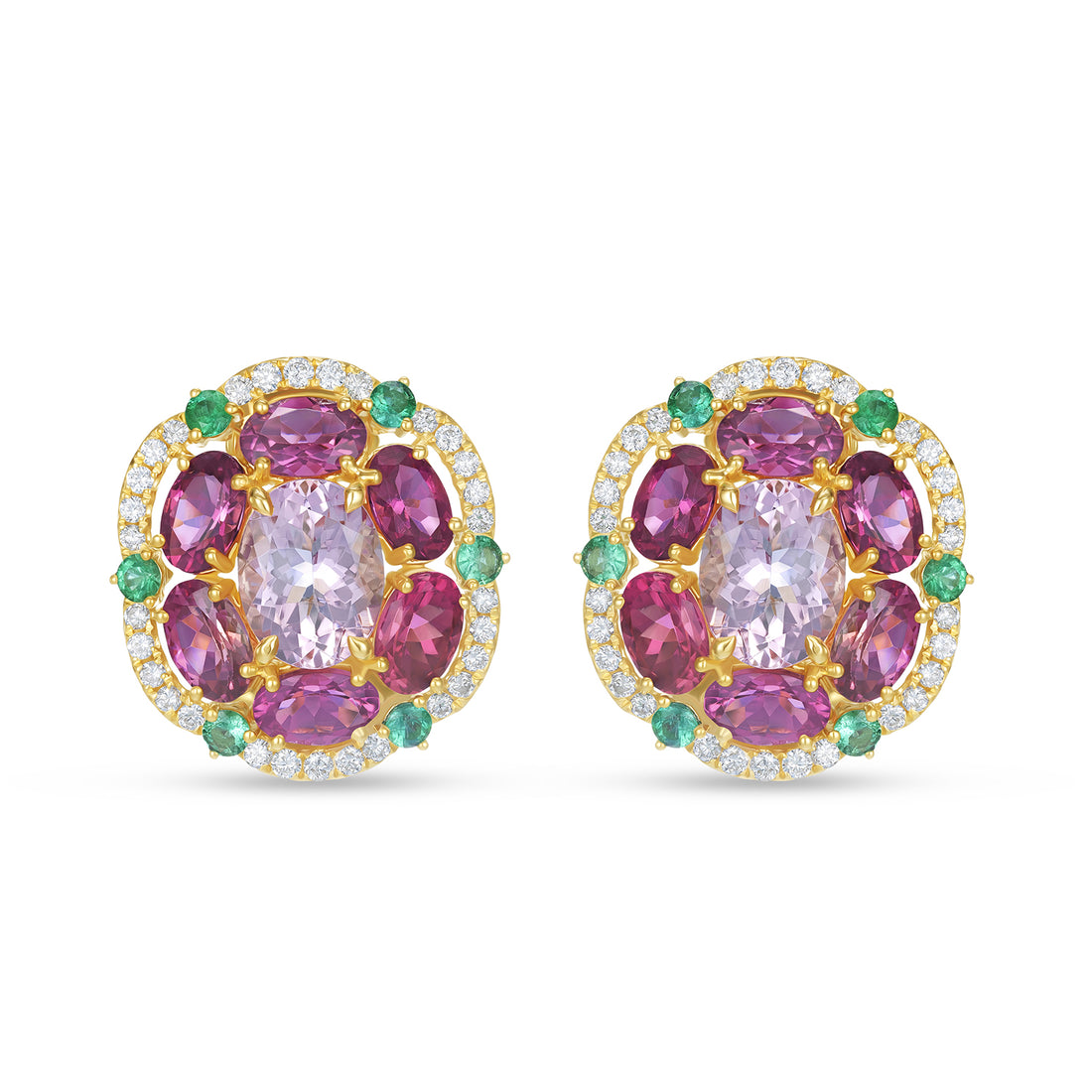 Floral Cluster Morganite Tourmaline & Emerald Diamond Stud Earrings